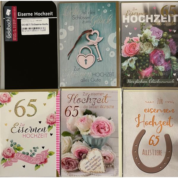 Eiserne Hochzeit - 5 Glückwunschkarten sortiert - UVP ca. € 12,50 - Format: 11,5x17cm - mit Briefumschlägen