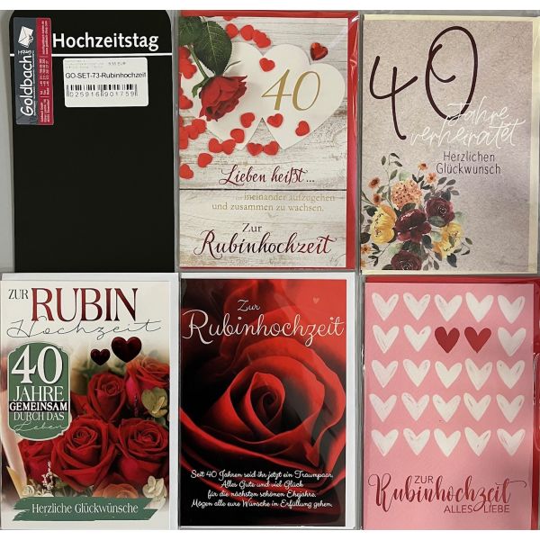 Rubinhochzeit - 5 Glückwunschkarten sortiert - UVP ca. € 12,50 - Format: 11,5x17cm - mit Briefumschlägen