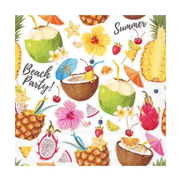 Servietten 25x25 cm 20 Servietten Beach party white tropische Früchte Cocktails