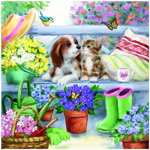A Servietten 33x33 cm Bench friends Welpe und Kitten im Garten