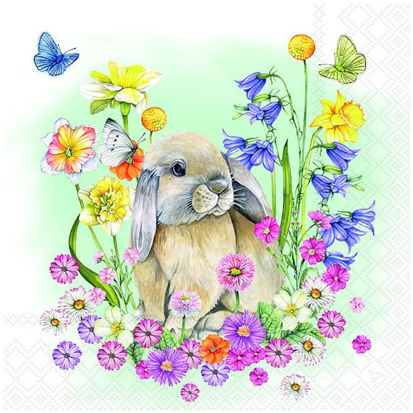 Servietten 33x33 cm Little rabbit Hase in Frühlngsblumen