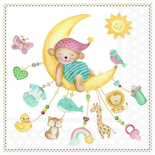 Servietten 33x33 cm Sleepy teddy bear Baby Teddy schlafend auf Mond