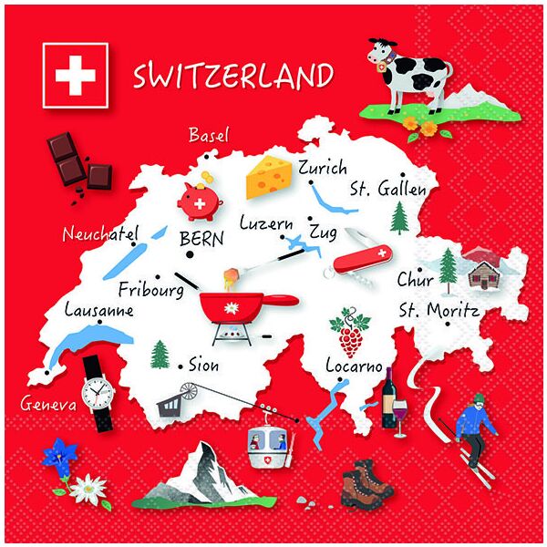 Servietten Schweiz Flagge Nationalservietten 33x33 cm 20 Servietten Swiss glory Städet Schweiz