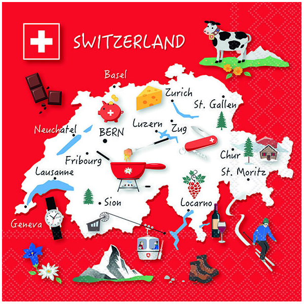 Servietten Schweiz Flagge Nationalservietten 33x33 cm 20 Servietten Swiss glory Städet Schweiz