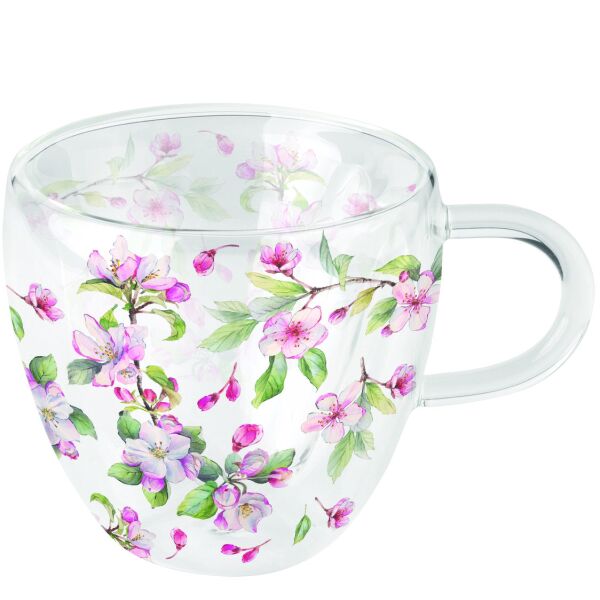 A Doppelwandiger Glasbecher mit Henkel Spring blossom white Kirschblüte