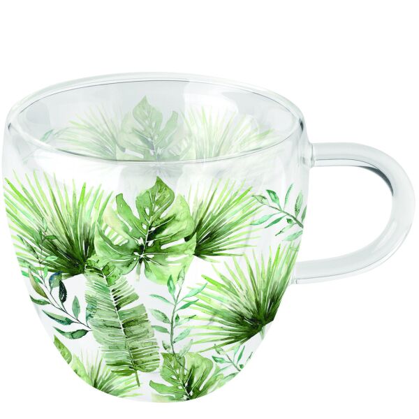 A Doppelwandiger Glasbecher mit Henkel Dschungelblätter Jungle leaves white