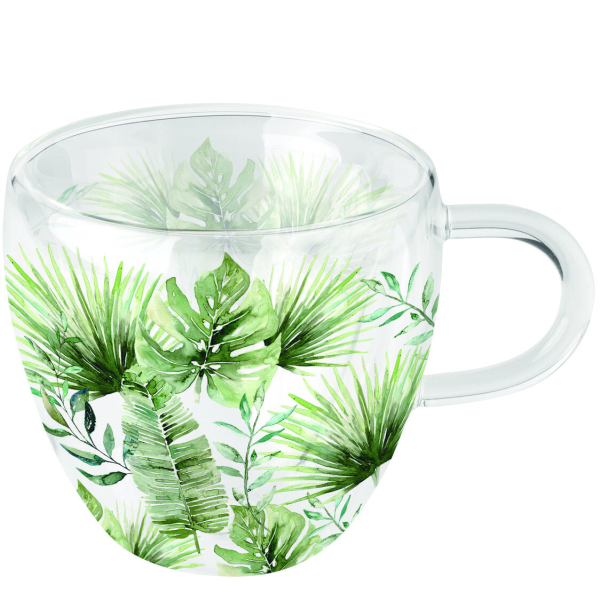 A Doppelwandiger Glasbecher mit Henkel Dschungelblätter Jungle leaves white
