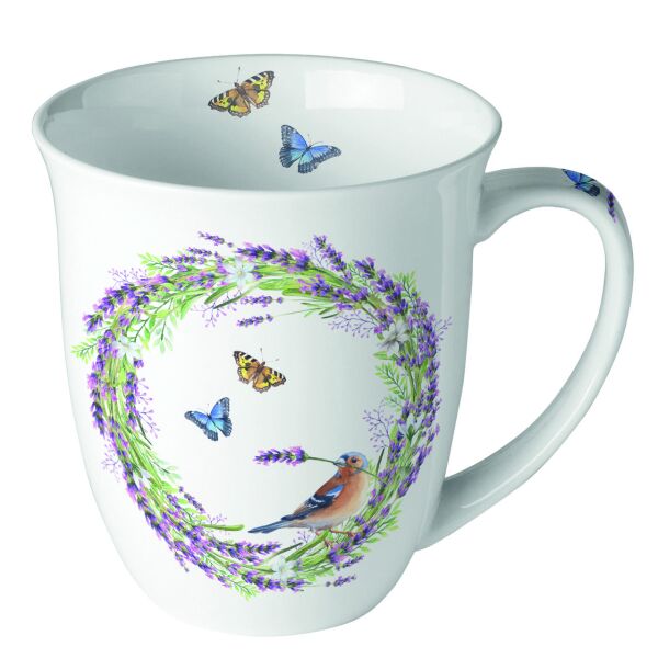 Becher 0,4 L Vogel Schmetterlinge Lavendelkranz Chaffinch white