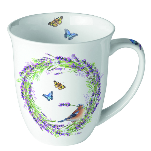 Becher 0,4 L Vogel Schmetterlinge Lavendelkranz Chaffinch white