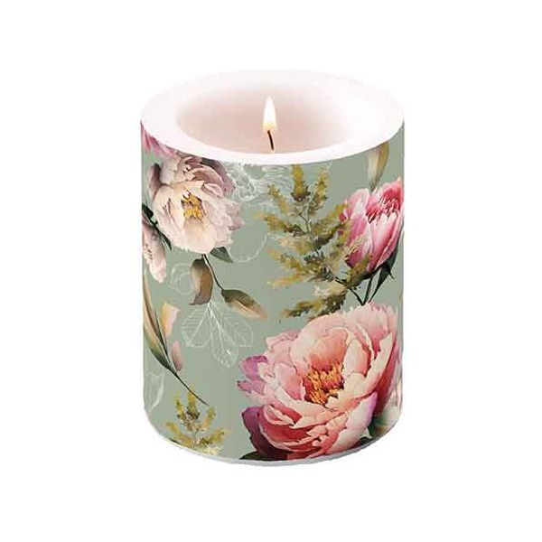 A Kerze gross Peonies composition green rosa Blumen