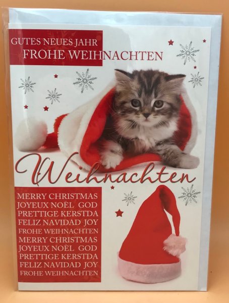 Weihnachtskarte im DIN A4-Format 20,5 x 29,5 cm mit Briefumschlag - Mehrsprachiger Weihnachtstext mit Katze