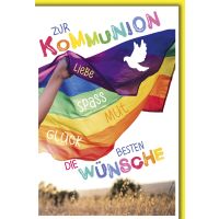 A Kommunion Karte mit Umschlag bunte Fahne