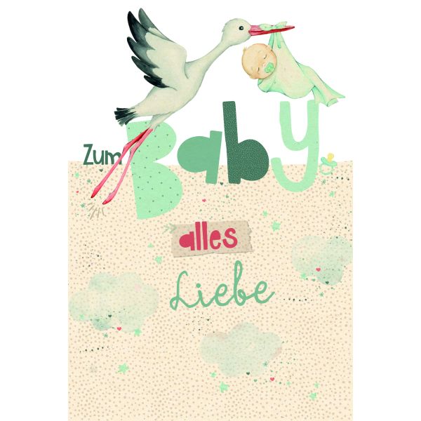 Geburt Junge Freudiges Ereignis Green Line Laser Art Karte mit Umschlag Storch bringt Baby