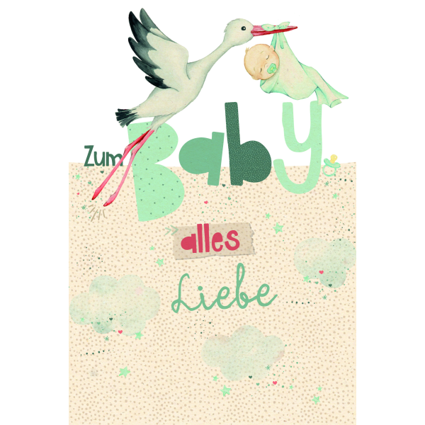 Geburt Junge Freudiges Ereignis Green Line Laser Art Karte mit Umschlag Storch bringt Baby