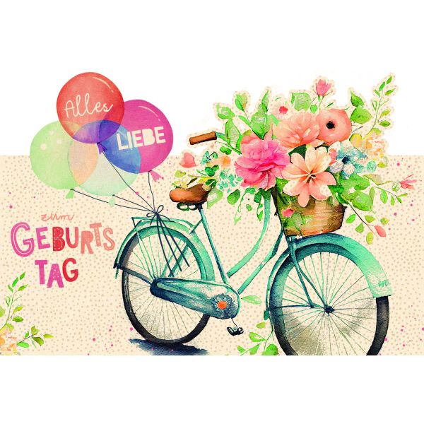 Geburtstag Green Line Laser Art Karte mit Umschlag Fahrrad mit bunten Luftballons und Blumenkorb