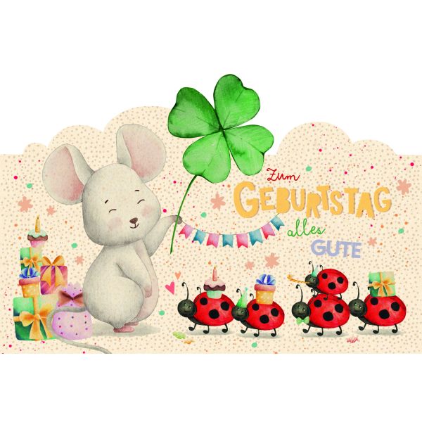 Geburtstag Green Line Laser Art Karte mit Umschlag Maus mit Kleeblatt, Marienkäfer, Geschenke