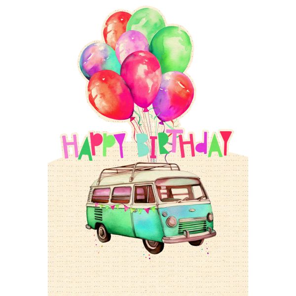 Geburtstag Green Line Laser Art Karte mit Umschlag Bus Camper mit bunten Luftballons am Dachgepäckträger