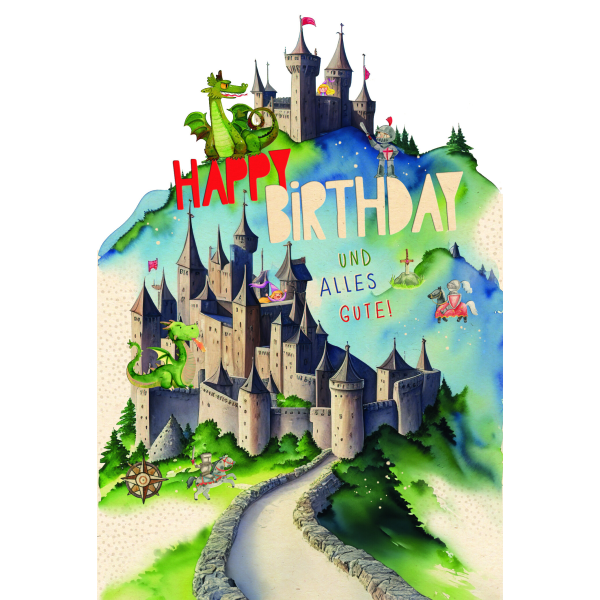 Geburtstag Green Line Laser Art Karte mit Umschlag Ritterburg mit Drachen und Rittern