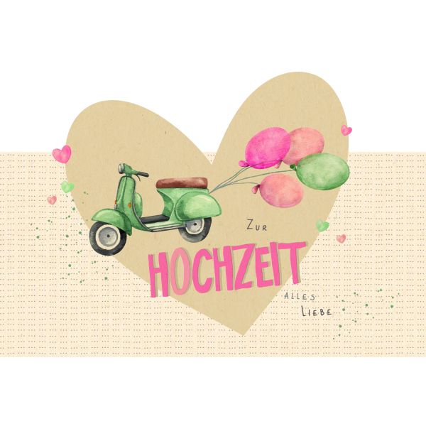Hochzeit Green Line Laser Art Karte mit Umschlag Moped mit bunten Luftballons, Herzen