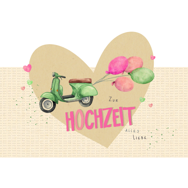 Hochzeit Green Line Laser Art Karte mit Umschlag Moped mit bunten Luftballons, Herzen