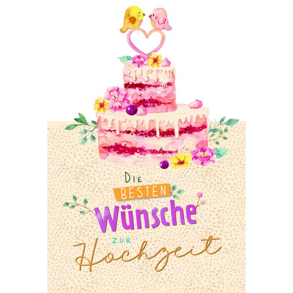Hochzeit Green Line Laser Art Karte mit Umschlag Hochzeitstorte mit Blumen, Herz und Vögeln