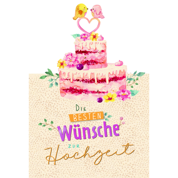 Hochzeit Green Line Laser Art Karte mit Umschlag Hochzeitstorte mit Blumen, Herz und Vögeln