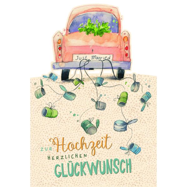 Hochzeit Green Line Laser Art Karte mit Umschlag Auto mit Blumen und Dosen am Heck