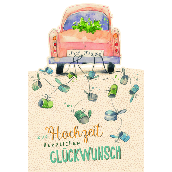 Hochzeit Green Line Laser Art Karte mit Umschlag Auto mit Blumen und Dosen am Heck