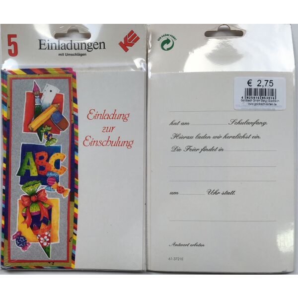 Einladungskarten zum Schulanfang - 5 Doppelkarten mit Briefumschlägen in der Packung - Karten im Format 11 x 15,5 cm