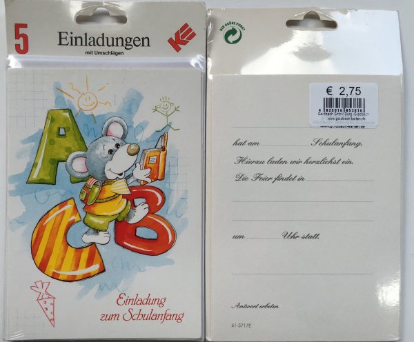 Einladungskarten zum Schulanfang - 5 Doppelkarten mit Briefumschlägen in der Packung - Karten im Format 11 x 15,5 cm