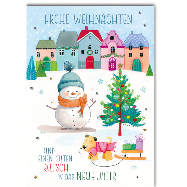 Weihnachten Hund Schneemann Stadt gezeichnet Weihnachtskarte mit Umschlag Frohe Weihnachten guter Rutsch