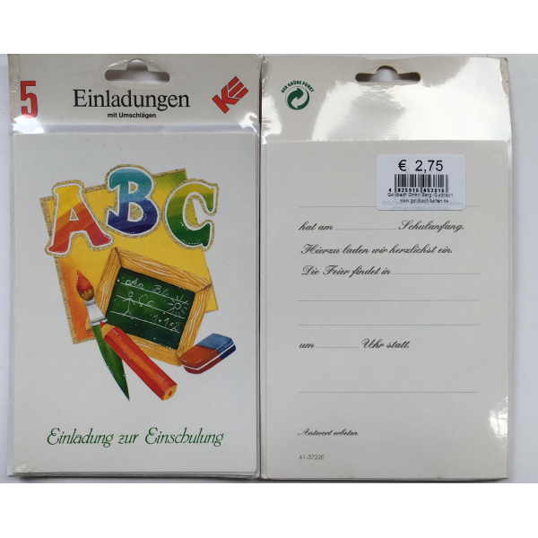 Einladungskarten zum Schulanfang - 5 Doppelkarten mit Briefumschlägen in der Packung - Karten im Format 11 x 15,5 cm
