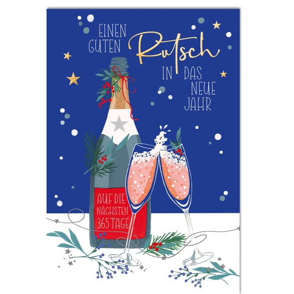 A Neujahr Karte mit Umschlag Flasche, Gläser gezeichnet