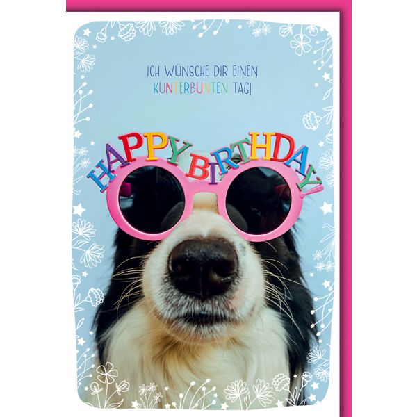 Geburtstag Karte mit Umschlag Hund mit pinker Brille plastikfrei unverpackt