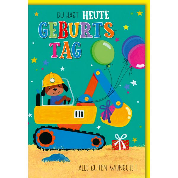 Kindergeburtstag Karte mit Umschlag Hund im Bagger
