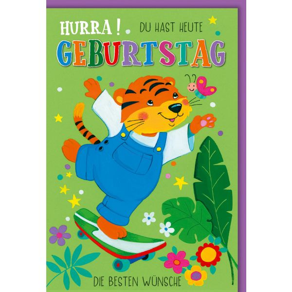 Kindergeburtstag Karte mit Umschlag Tiger auf Skateboard