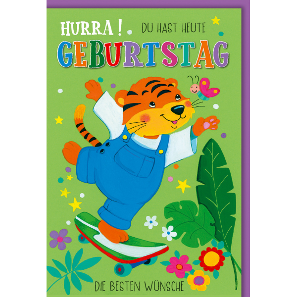 Kindergeburtstag Karte mit Umschlag Tiger auf Skateboard