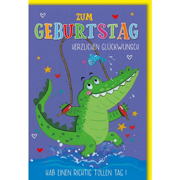 Kindergeburtstag Karte mit Umschlag Krokodil beim Seilspringen