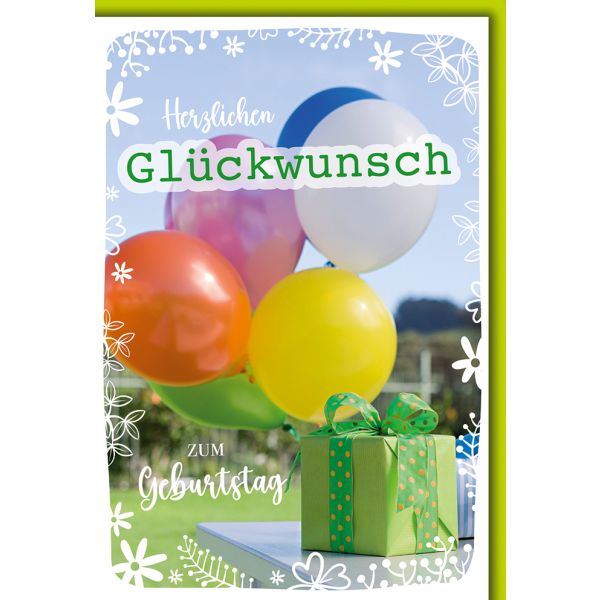 Geburtstag Karte mit Umschlag Luftballons und Geschenke