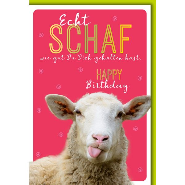 Geburtstag Karte mit Umschlag Schaf streckt Zunge raus