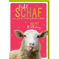 Geburtstag Karte mit Umschlag Schaf streckt Zunge raus