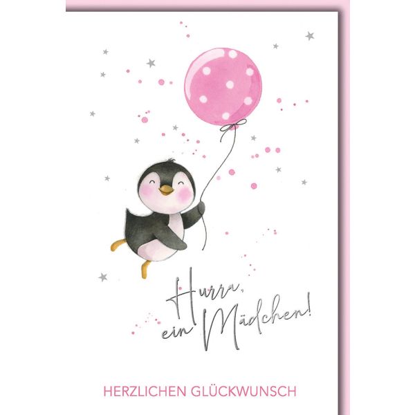 Geburt Baby Freudiges Ereignis Karte mit Umschlag Pinguin mit rosa Luftballon