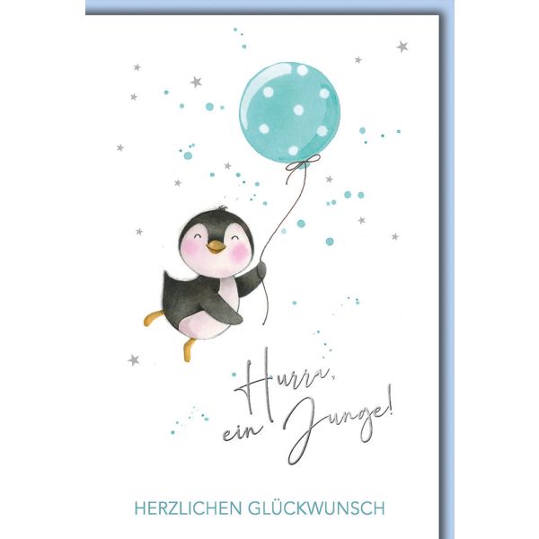 Geburt Baby Freudiges Ereignis Karte mit Umschlag Pinguin mit blauem Luftballon