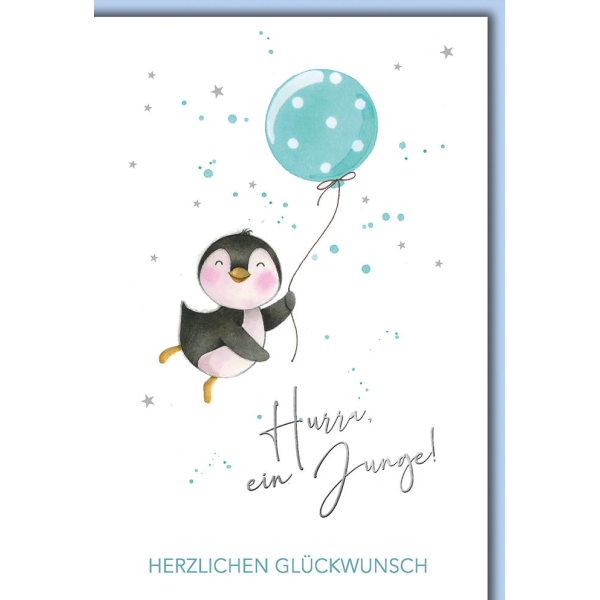 Geburt Baby Freudiges Ereignis Karte mit Umschlag Pinguin mit blauem Luftballon