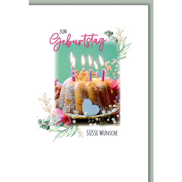 Geburtstag Karte mit Umschlag Gugelhupf, Blumenranke