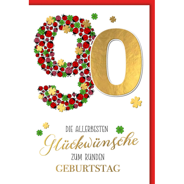 90. Geburtstag Karte mit Umschlag Marienkäfer