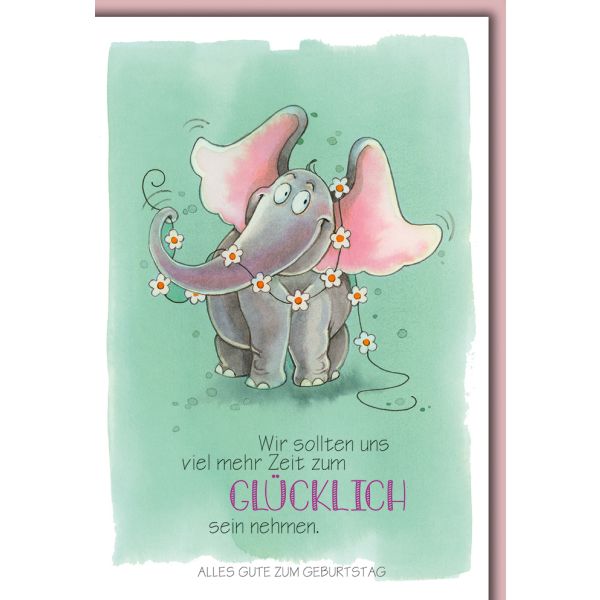 Geburtstag Karte mit Umschlag Elefant mit Blumenranke, gezeichnet
