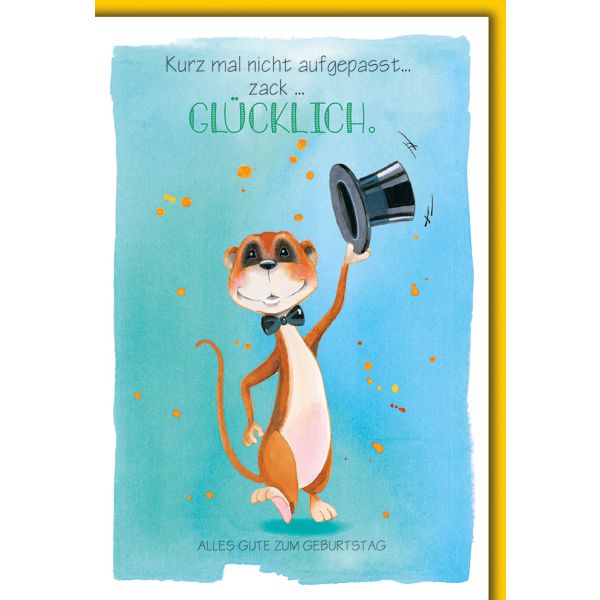 Geburtstag Karte mit Umschlag Erdmännchen mit Zylinder, gezeichnet