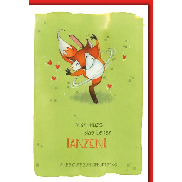 Geburtstag Karte mit Umschlag Tanzender Fuchs, gezeichnet