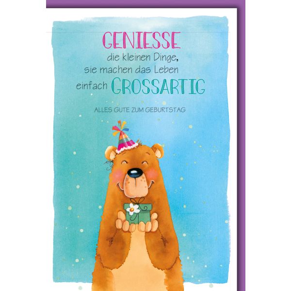 Geburtstag Karte mit Umschlag Bär mit Geschenk, gezeichnet